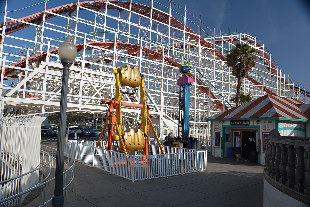 The white and red Giant Dipper roller coaster at Belmont Park, Mission Beach.